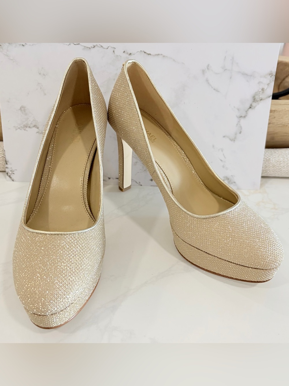 Michael Kors Champagne Glitter Platform Pumps with High Stiletto Heel